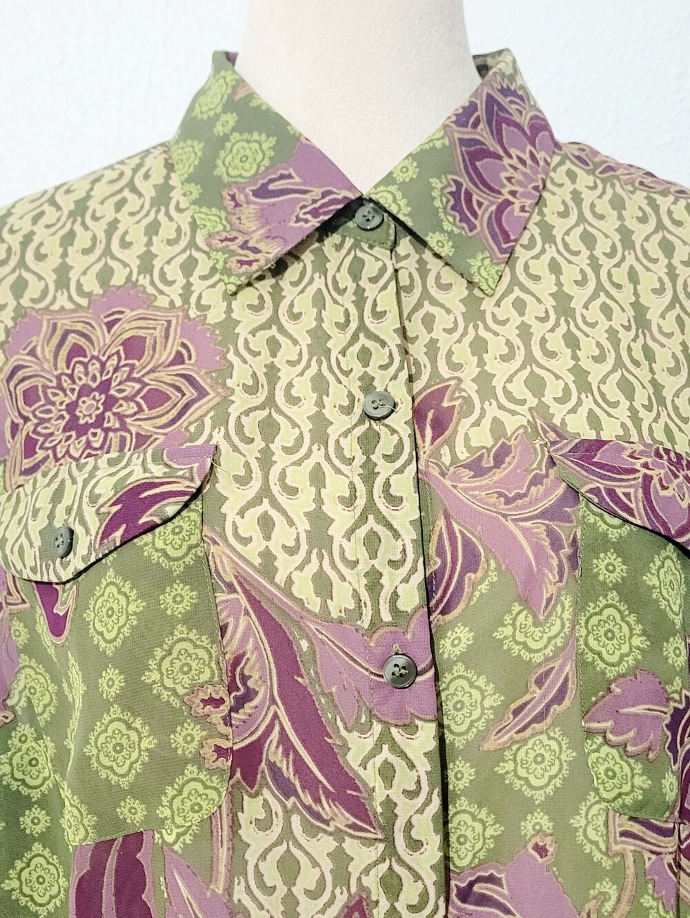 Evan-Picone Woman Size1X Floral Button Front Blouse Green Purple Boho Career Top - Picture 3 of 12